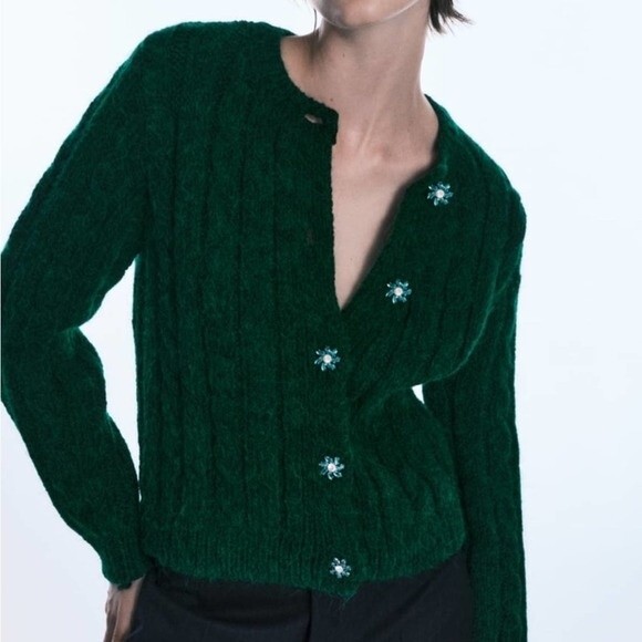 Zara Knit Cardigan With Jewel Buttons Bottle Green Size Medium NEW NWT - Picture 6 of 14